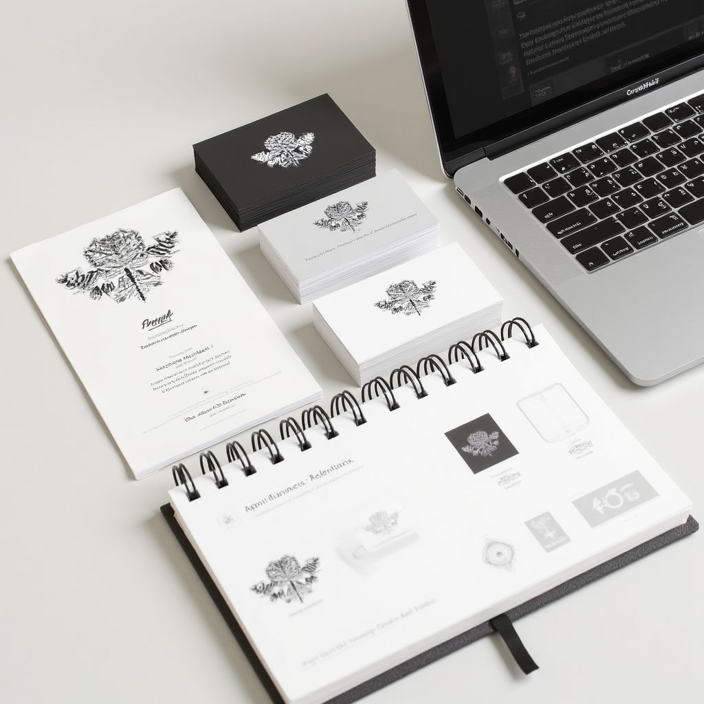 Un portafolio de diseño abierto en un ordenador portátil, mostrando una marca personal.