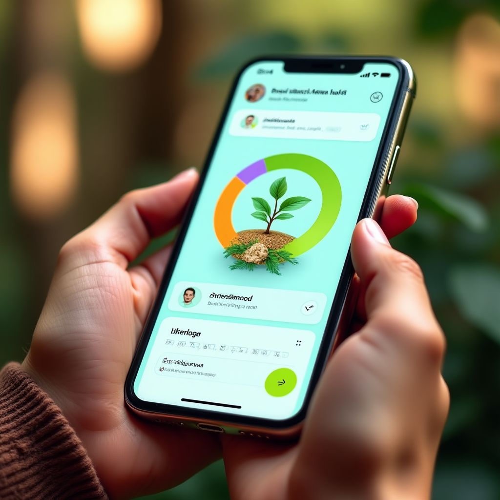 Aplicación móvil de sostenibilidad mostrando un seguimiento de la huella de carbono.